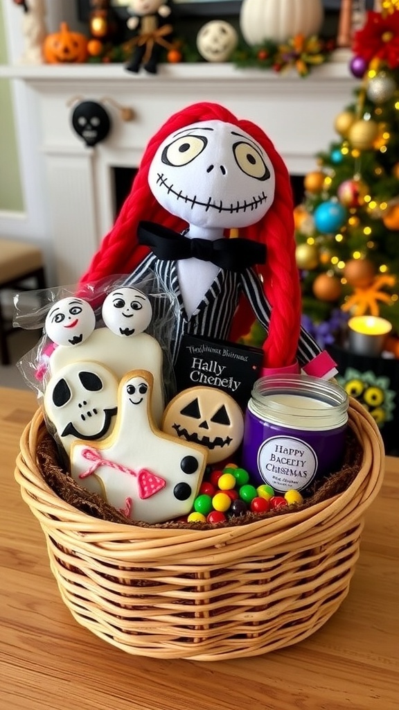 A themed gift basket featuring a plush Sally doll, decorated cookies, a candle, and candies, set in a festive background.